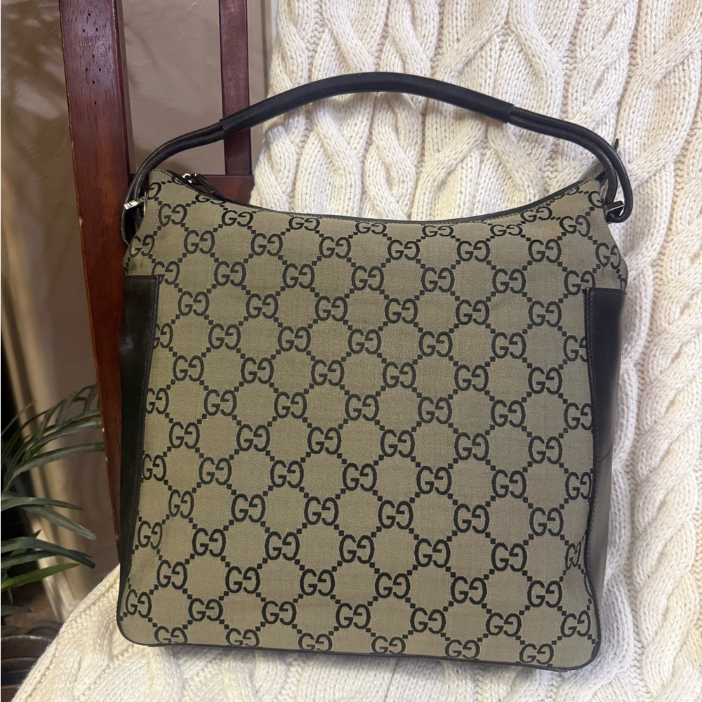 Gucci Green Canvas and Black Leather Shoulder Bag with COA